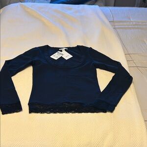 Subdued Navy Scoop Neck Top with lace trim